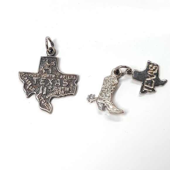 Vintage TEXAS Charm Set of 2 Sterling & Nickle Silver Travel Boot State 60s-70s - Picture 1 of 8